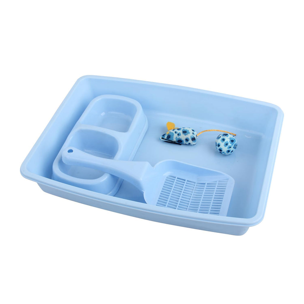 Cat Litter Box Set with Litter Scoop, Double Dish Cat Bowl, Mouse and Ball Toy J11374