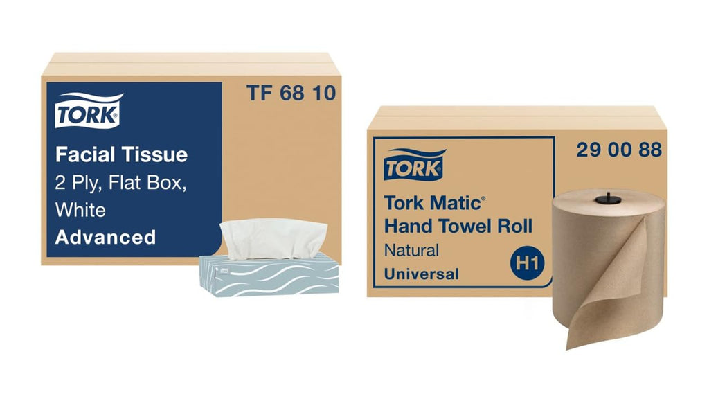 Natural Paper Hand Towel Roll and White 2-Ply Facial Tissue D176