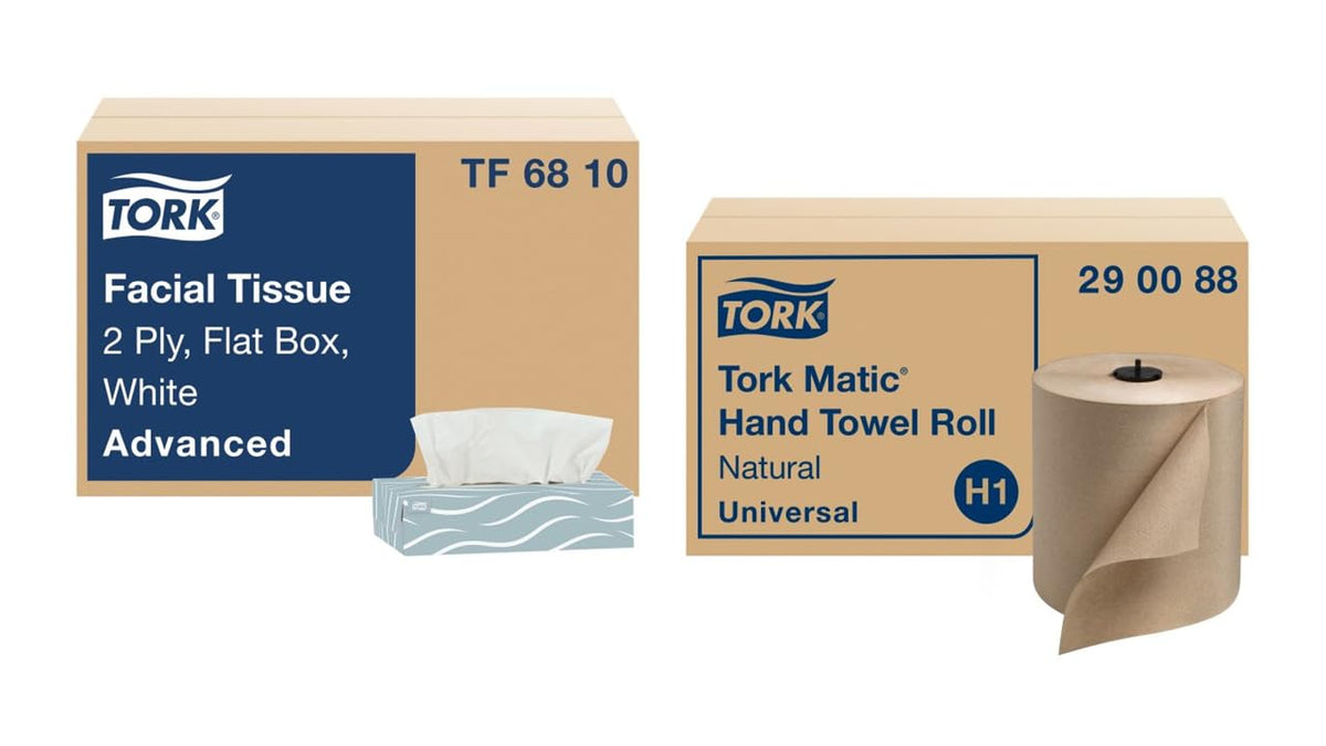 Natural Paper Hand Towel Roll and White 2-Ply Facial Tissue D176
