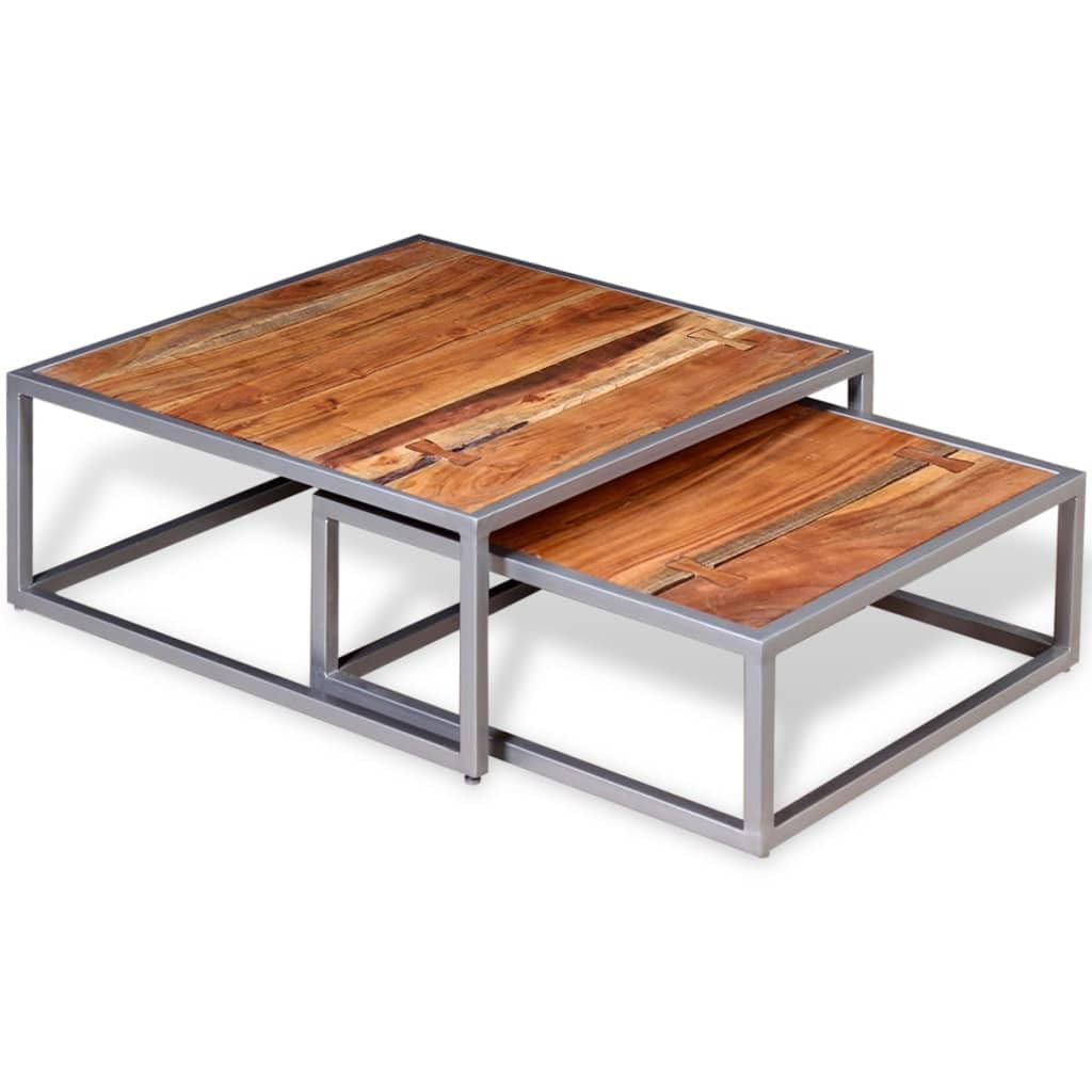Solid Sheesham Wood Nesting Coffee Table Set with Iron Legs K49845