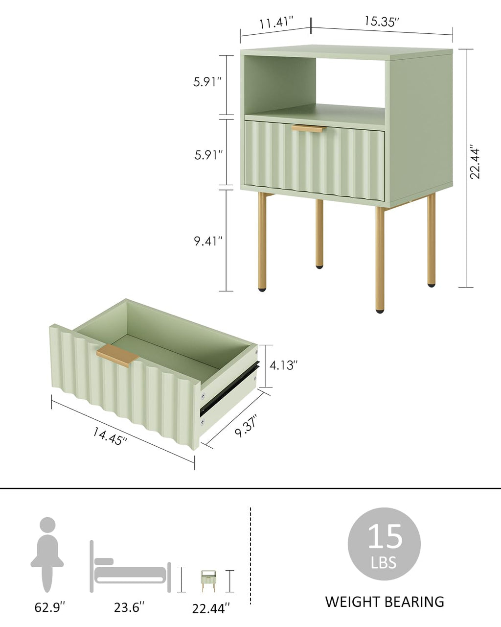 Green Night Stand with Drawer and Shelf Y3786