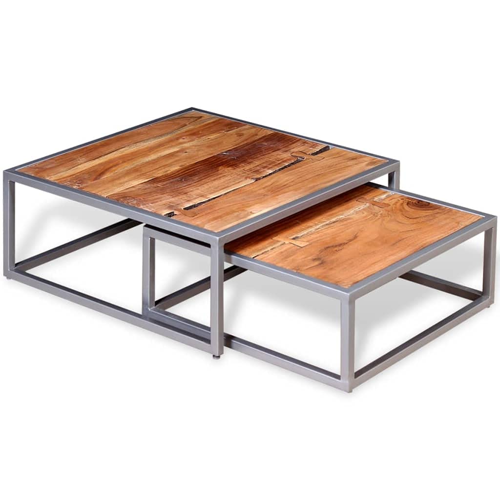 Solid Sheesham Wood Nesting Coffee Table Set with Iron Legs K49845