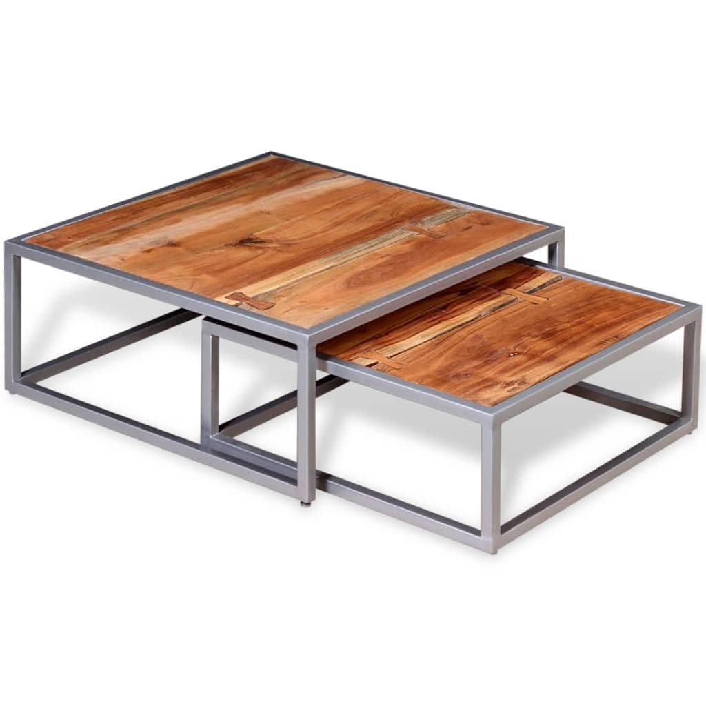 Solid Sheesham Wood Nesting Coffee Table Set with Iron Legs K49845