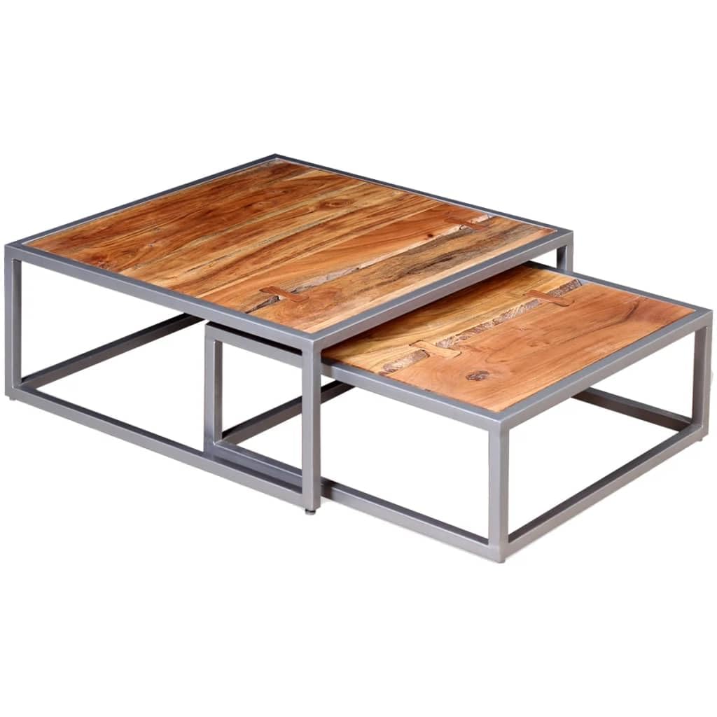 Solid Sheesham Wood Nesting Coffee Table Set with Iron Legs K49845