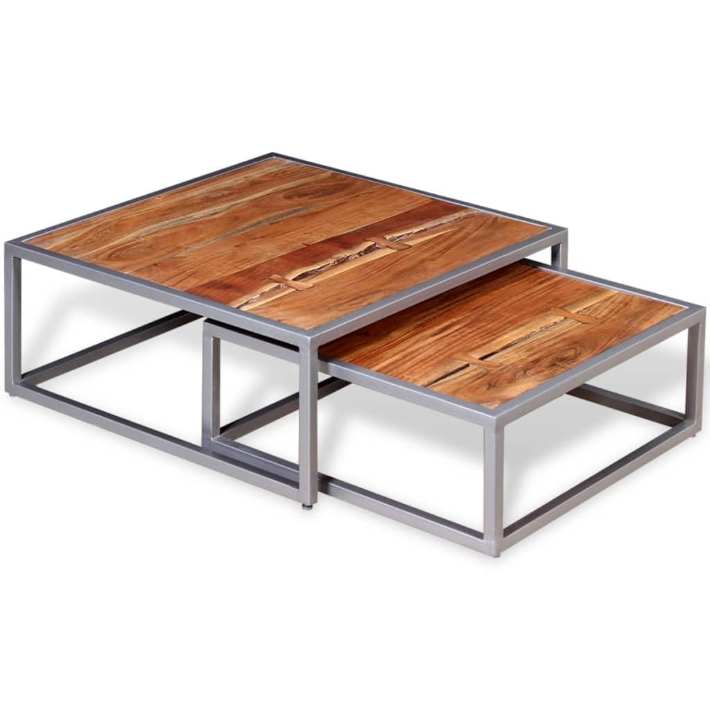 Solid Sheesham Wood Nesting Coffee Table Set with Iron Legs K49845