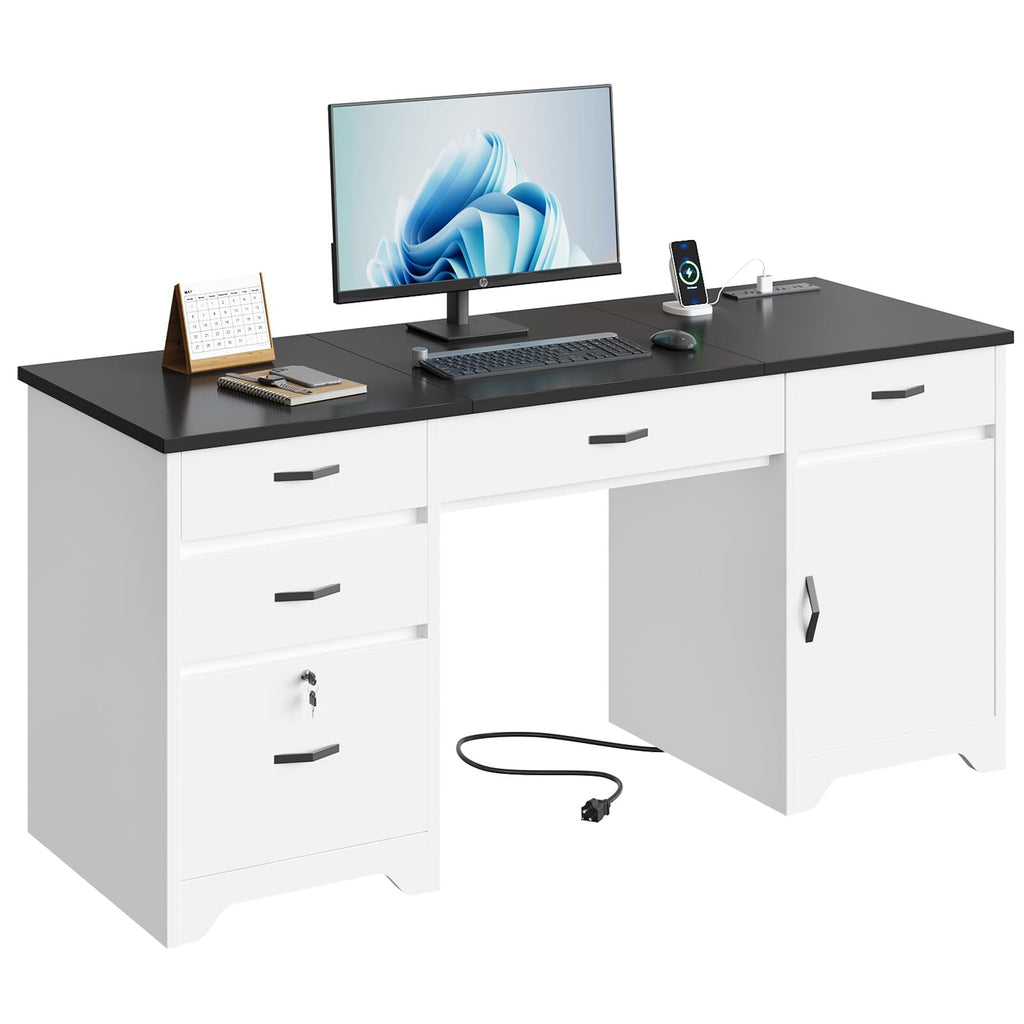 White Office Desk with Lockable Drawers and Charging Station Z882