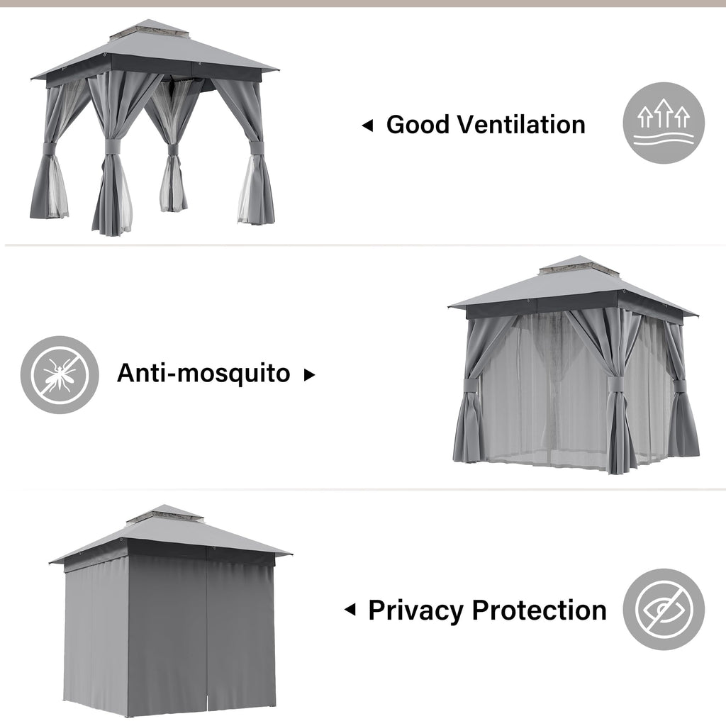 8'x8' Heavy Duty Patio Gazebo with Double Roofs, Mosquito Nettings and Privacy Screens M825052