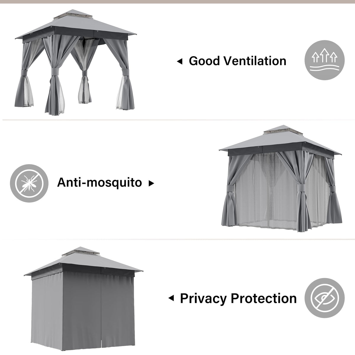 8'x8' Heavy Duty Patio Gazebo with Double Roofs, Mosquito Nettings and Privacy Screens M825052