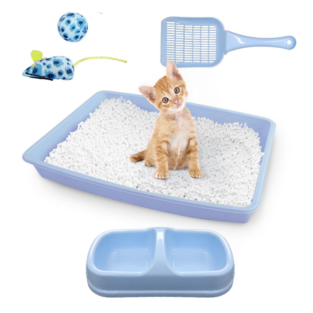 Cat Litter Box Set with Litter Scoop, Double Dish Cat Bowl, Mouse and Ball Toy J11374