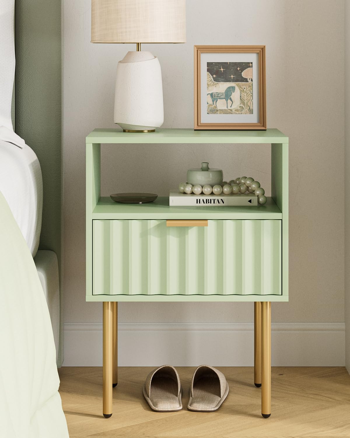 Green Night Stand with Drawer and Shelf Y3786