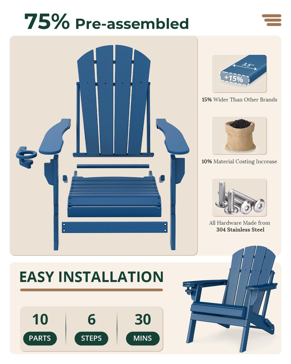 Folding Adirondack Chairs Set of 2 Blue HDPE N138480
