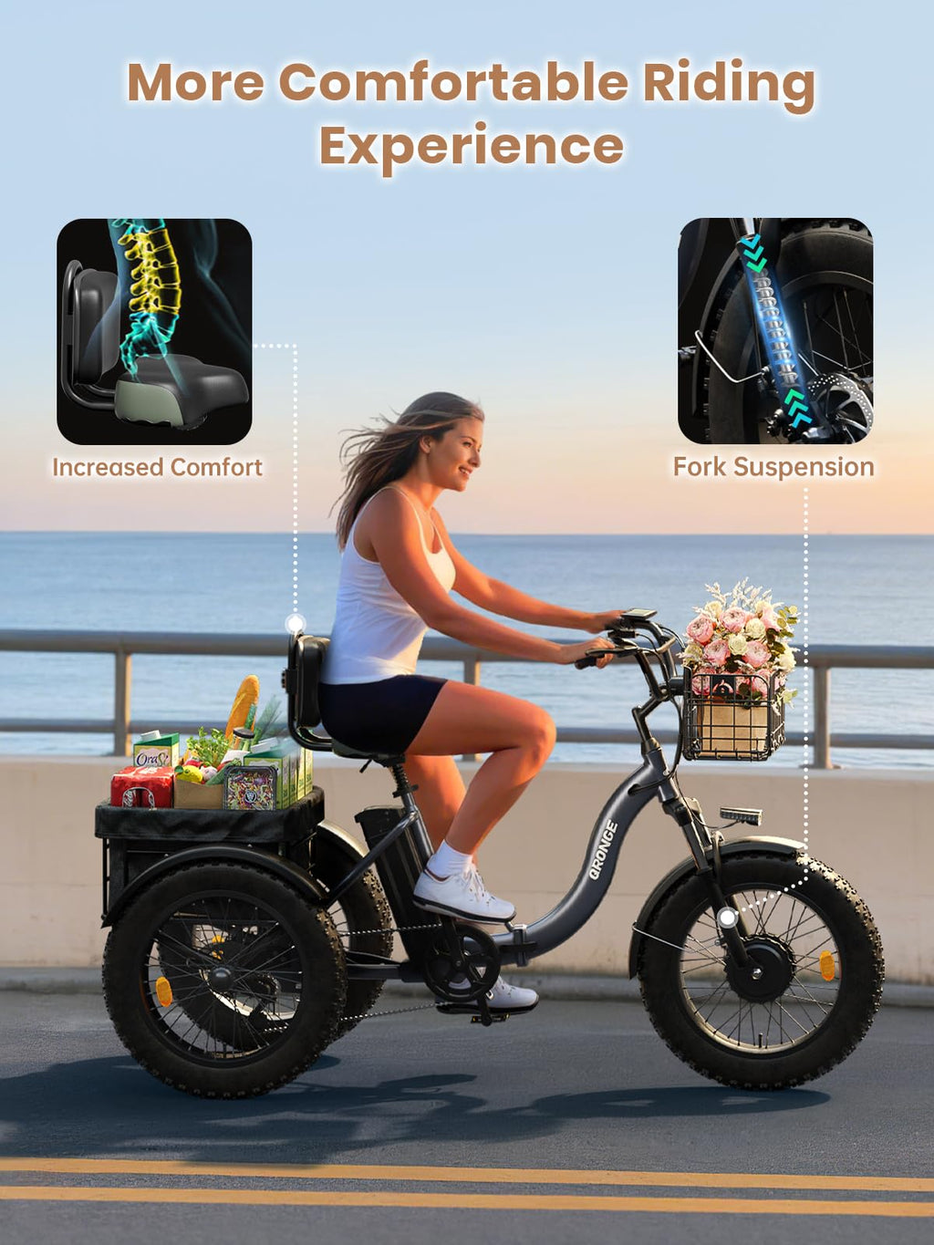 Electric Tricycle for Adults 1200W 36V 20AH Fat Tire Folding D679949
