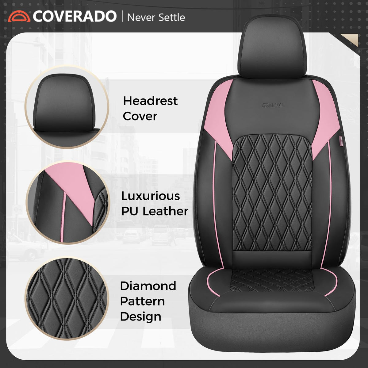 Black Pink Faux Leather Car Seat Covers Full Set E57200