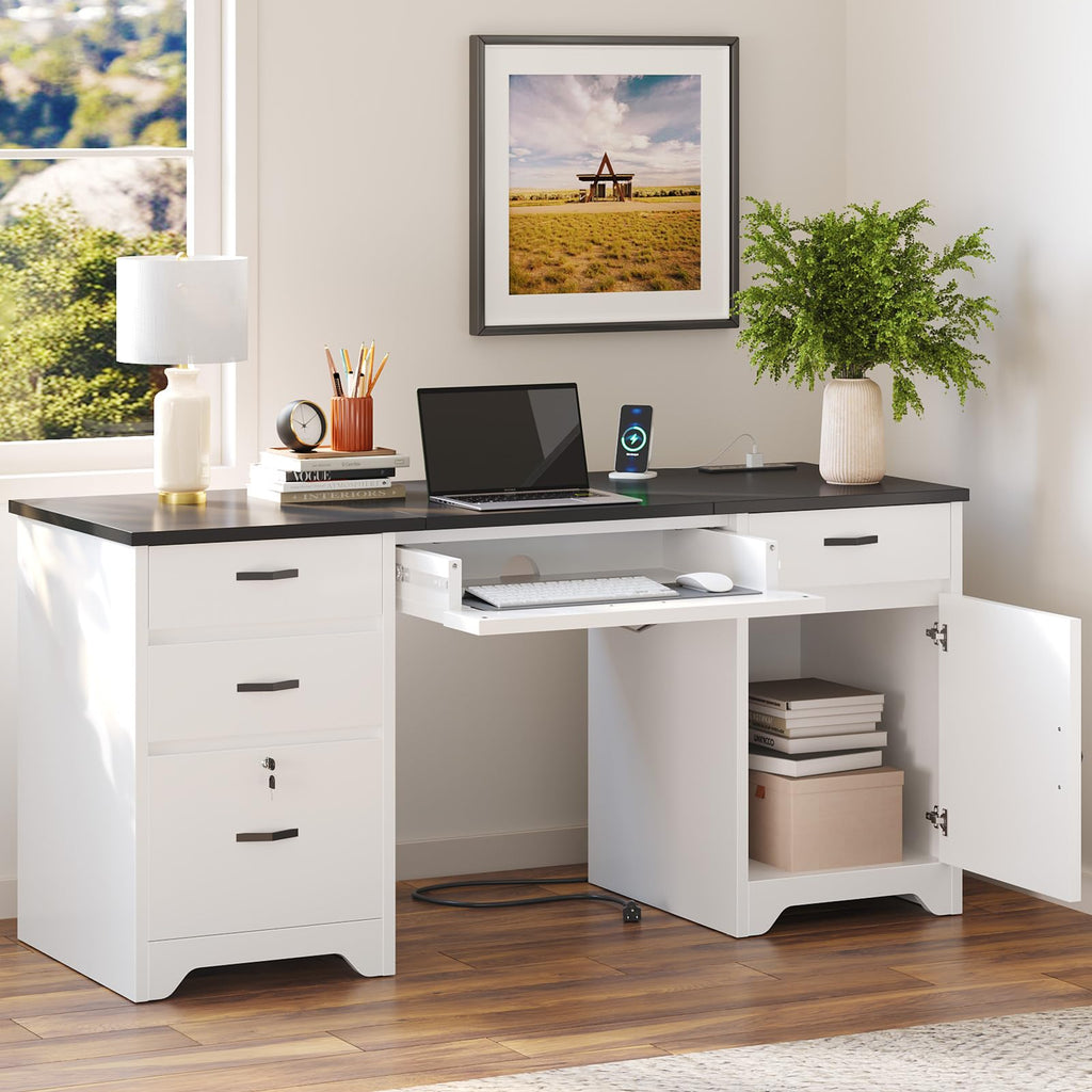 White Office Desk with Lockable Drawers and Charging Station Z882