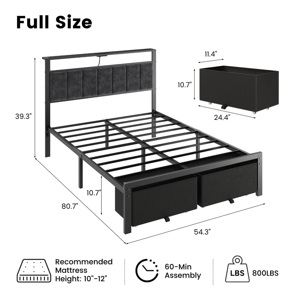 Full Size Bed Frame with Upholstered Headboard and 2 Storage Drawers P6785