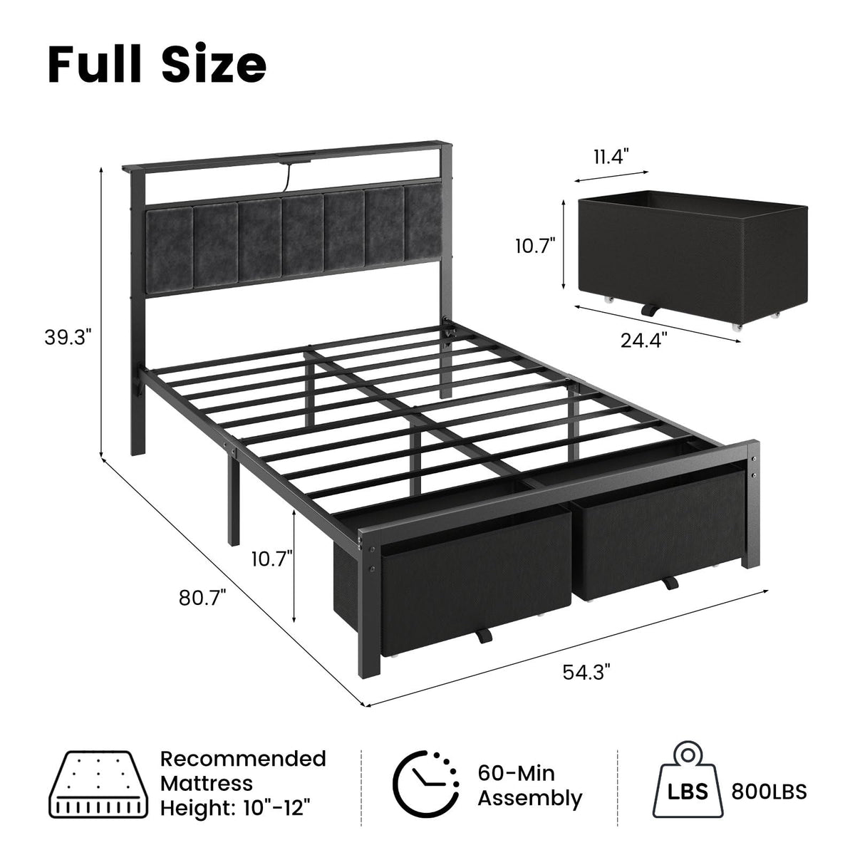 Full Size Bed Frame with Upholstered Headboard and 2 Storage Drawers P6785
