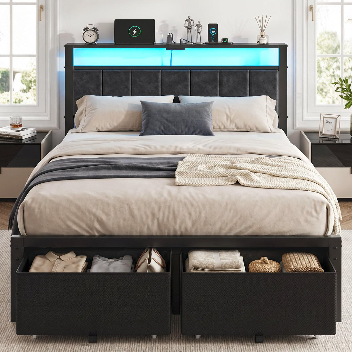 Full Size Bed Frame with Upholstered Headboard and 2 Storage Drawers P6785