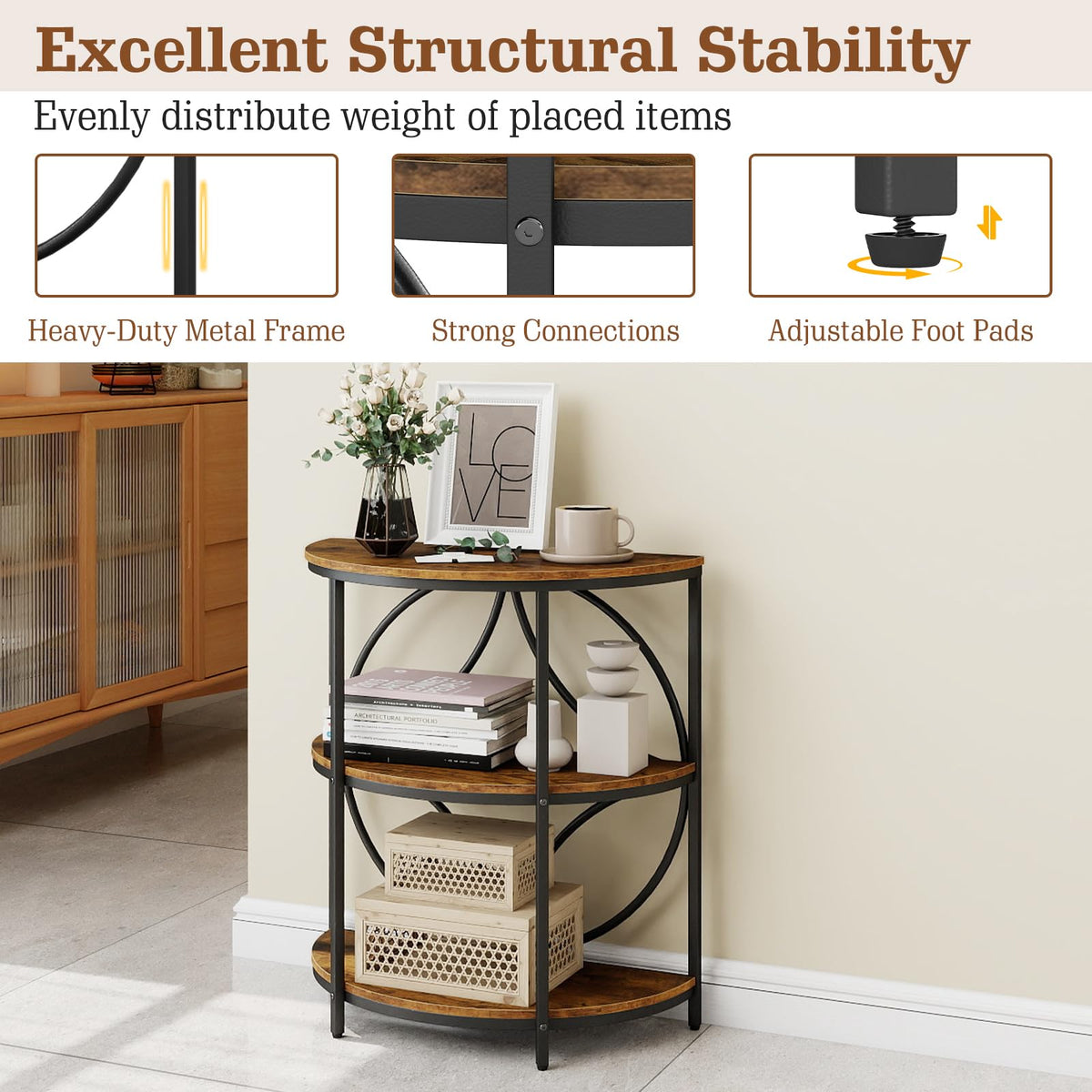 Half Round 3-Tier Sofa Side Table with Storage Shelves O45928