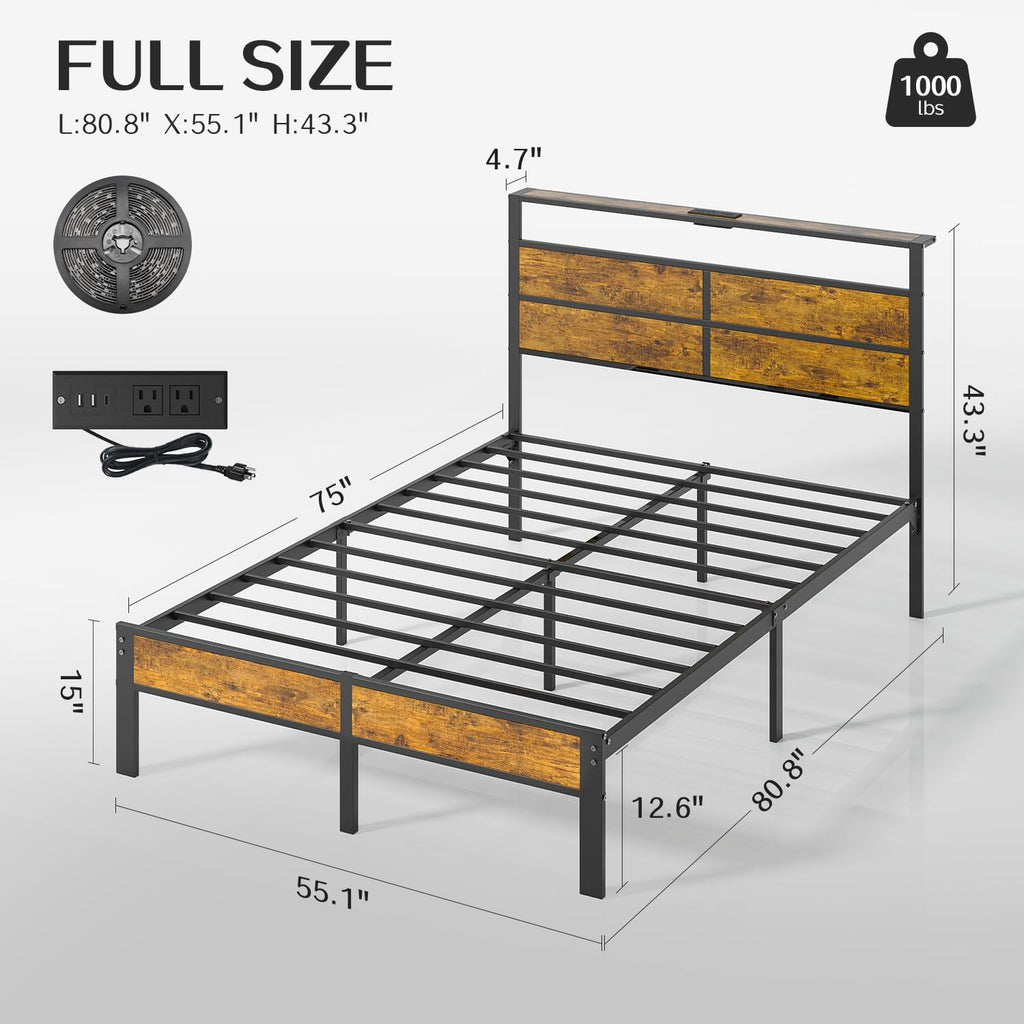 Full Size Platform Bed Frame with Charging Station Headboard and LED Lights O18231