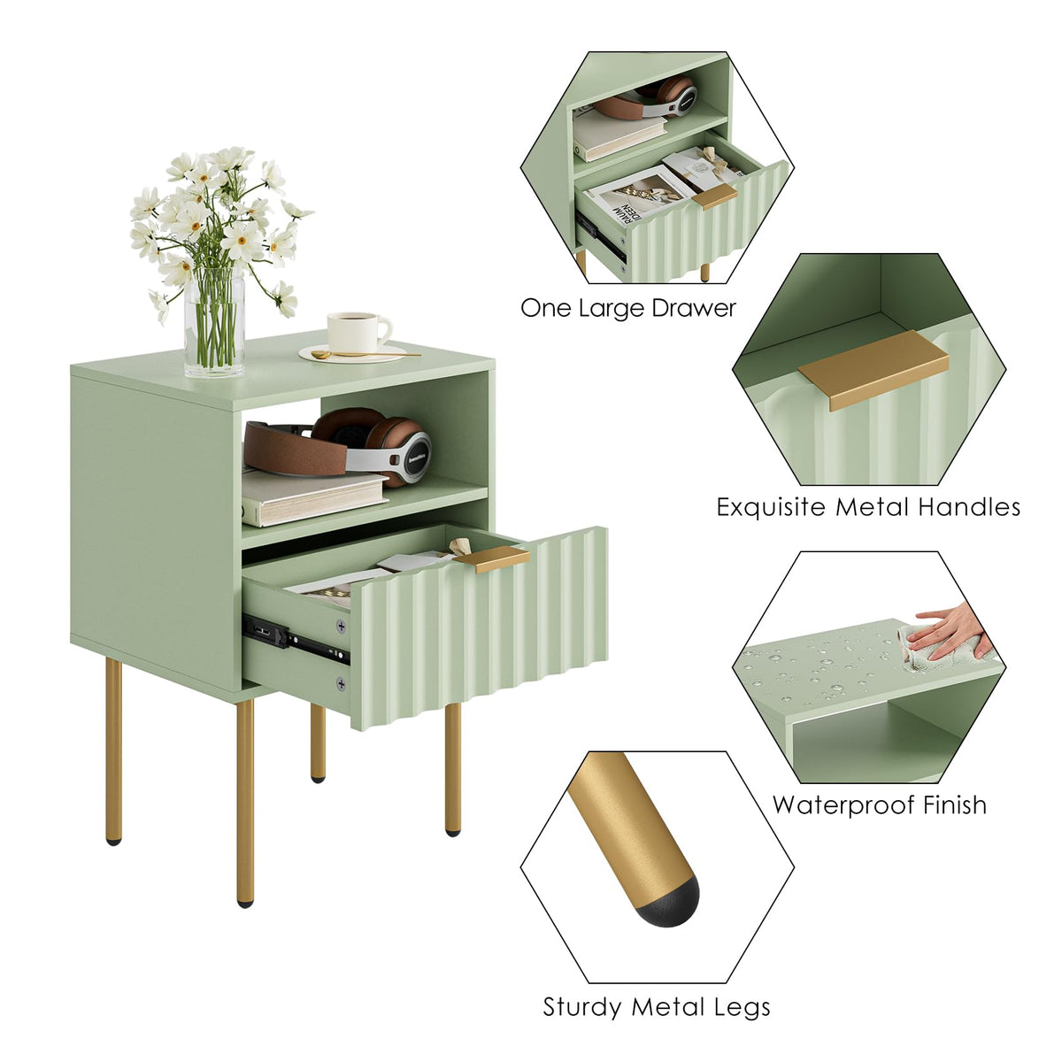 Green Night Stand with Drawer and Shelf Y3786