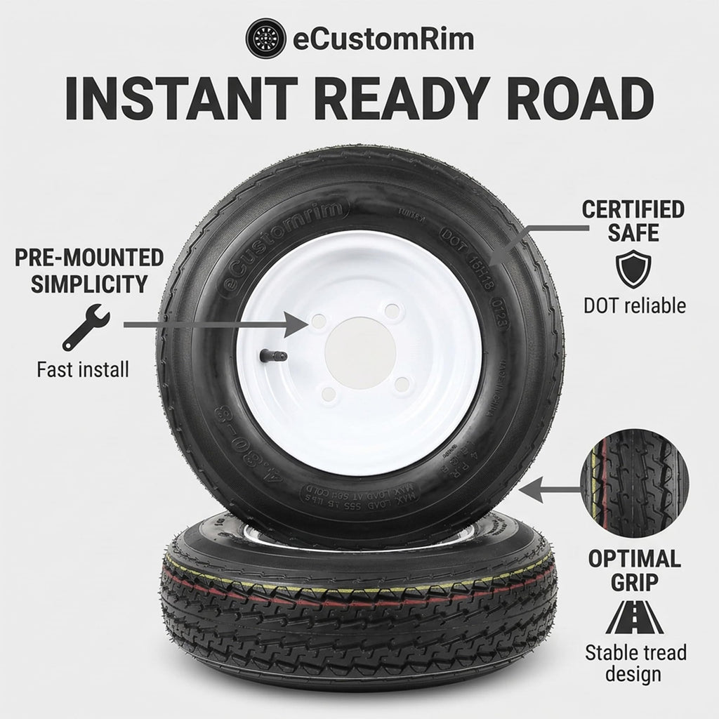 2-Pack Trailer Tire Rim Assembly 4.80-8 4 Lug White Q9708