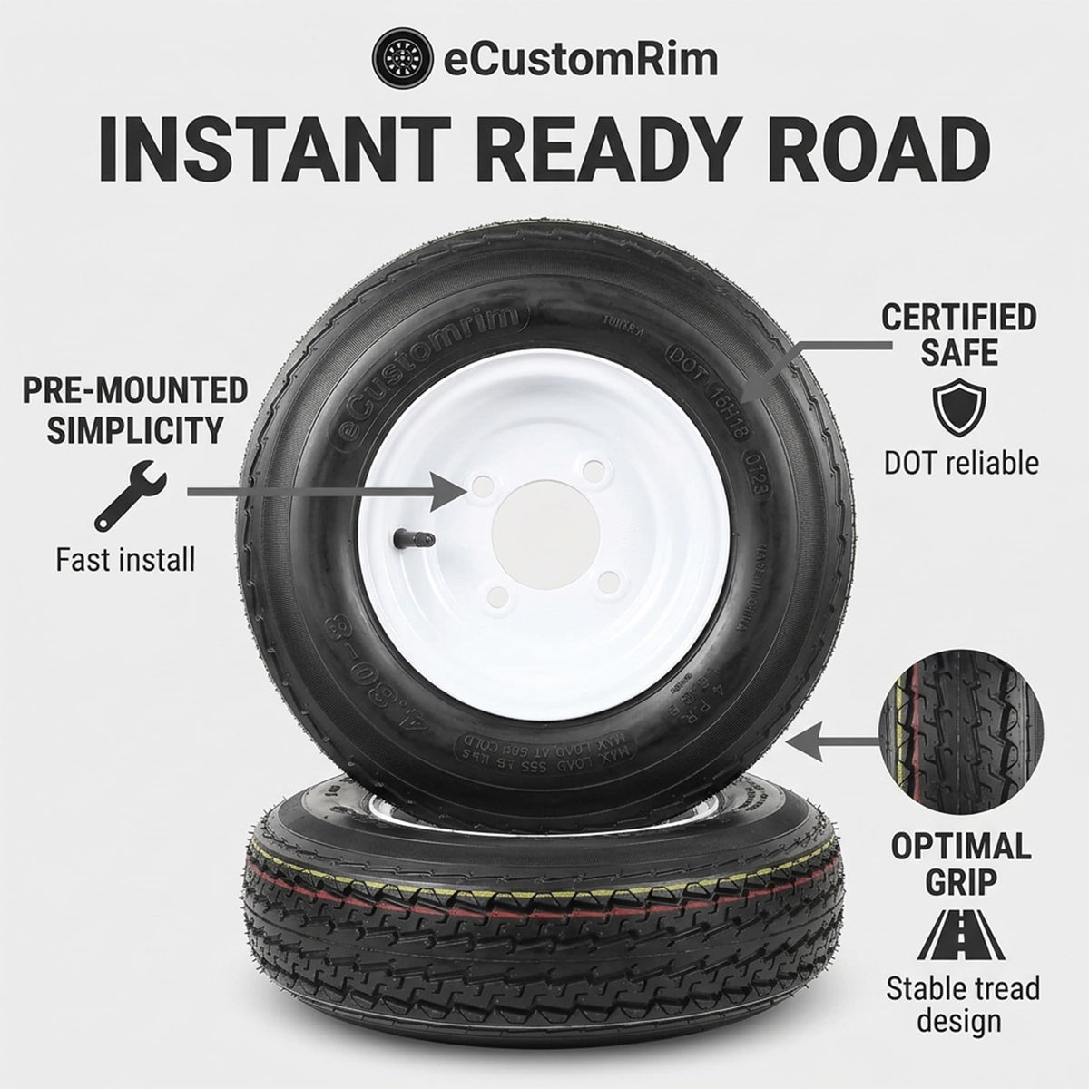2-Pack Trailer Tire Rim Assembly 4.80-8 4 Lug White Q9708