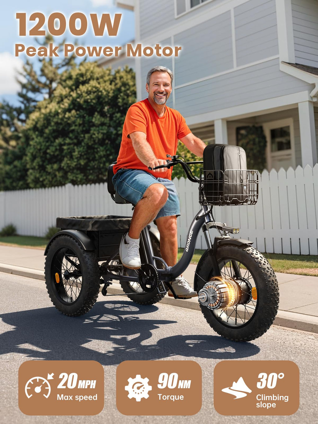 Electric Tricycle for Adults 1200W 36V 20AH Fat Tire Folding D679949