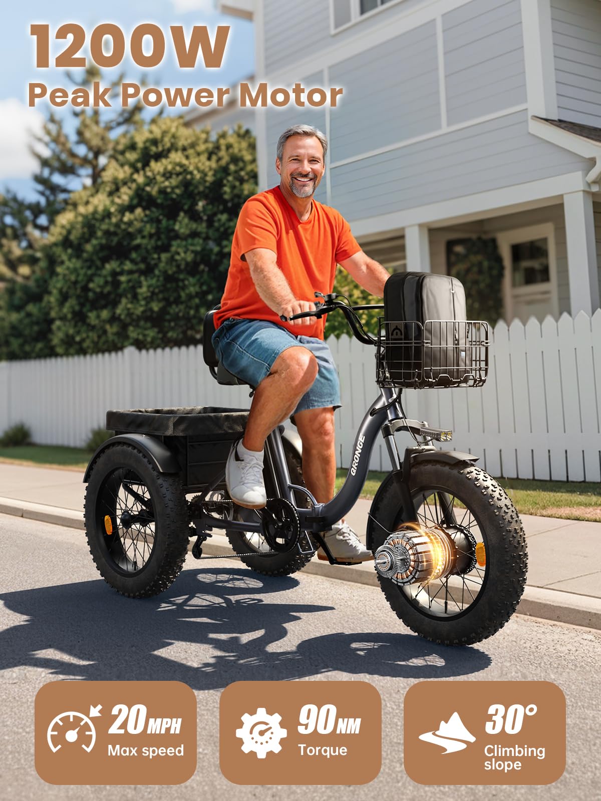 Electric Tricycle for Adults 1200W 36V 20AH Fat Tire Folding D679949