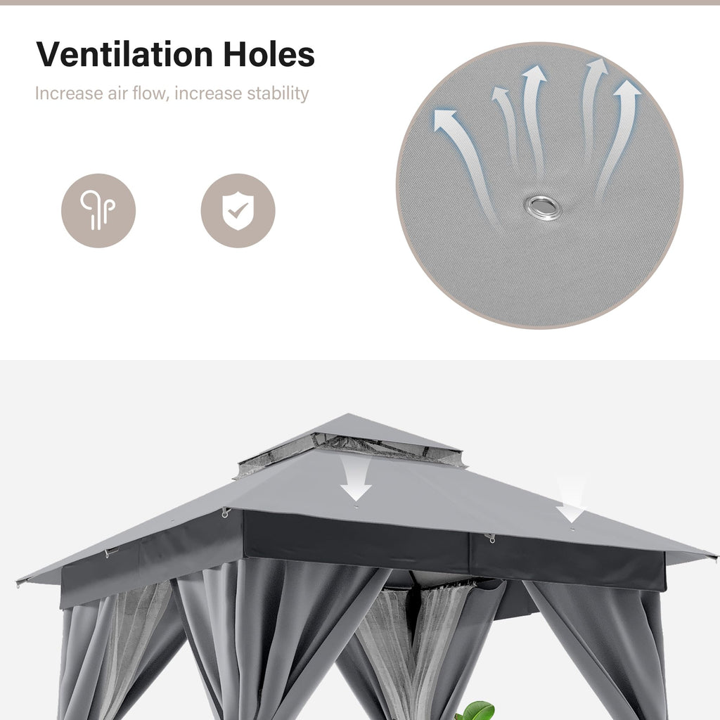 8'x8' Heavy Duty Patio Gazebo with Double Roofs, Mosquito Nettings and Privacy Screens M825052