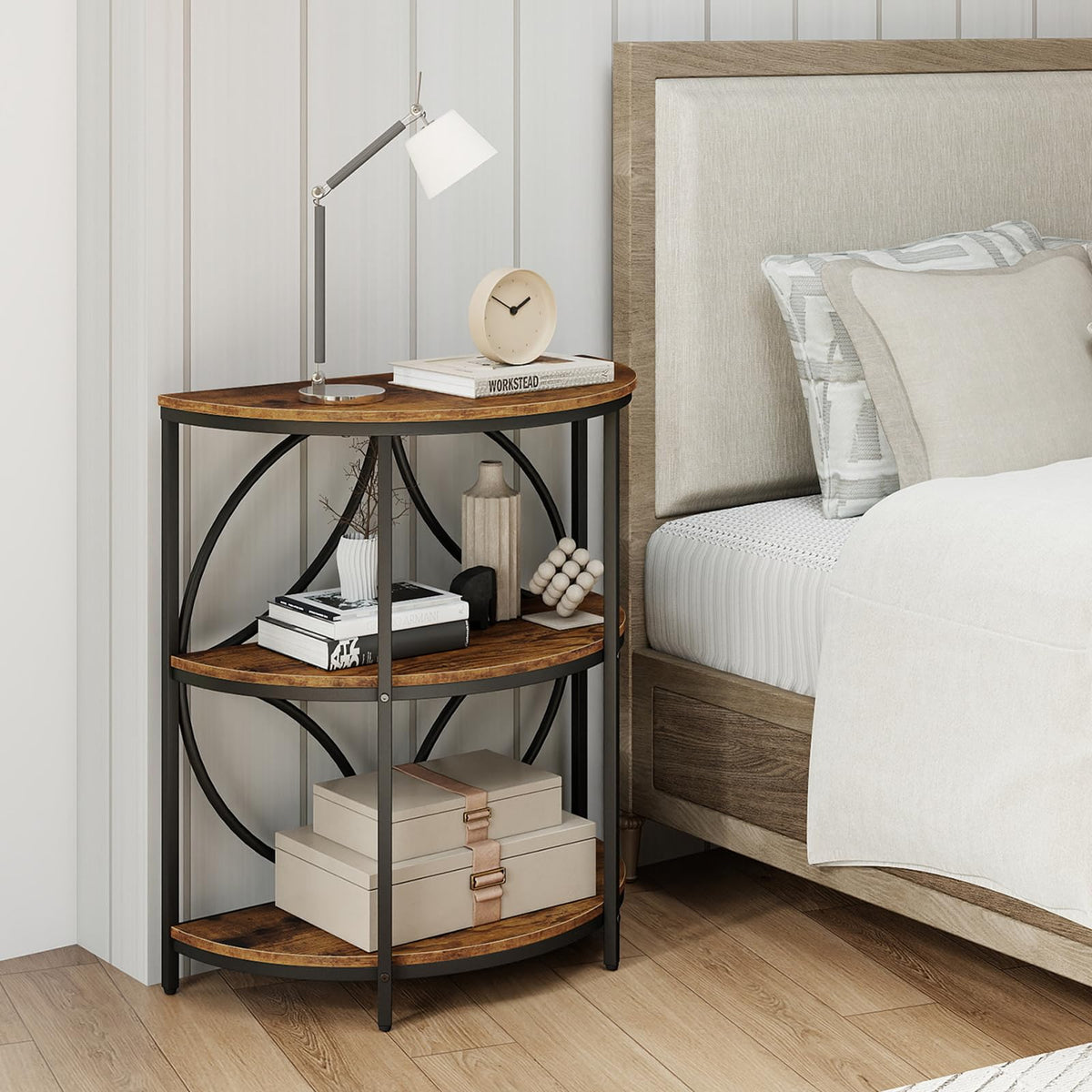 Half Round 3-Tier Sofa Side Table with Storage Shelves O45928