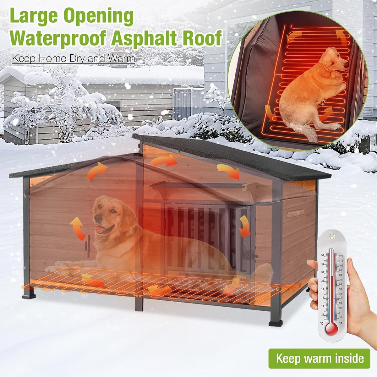 60" Heated Dog House with Heated Pad and Rotating Food Bowl S68552