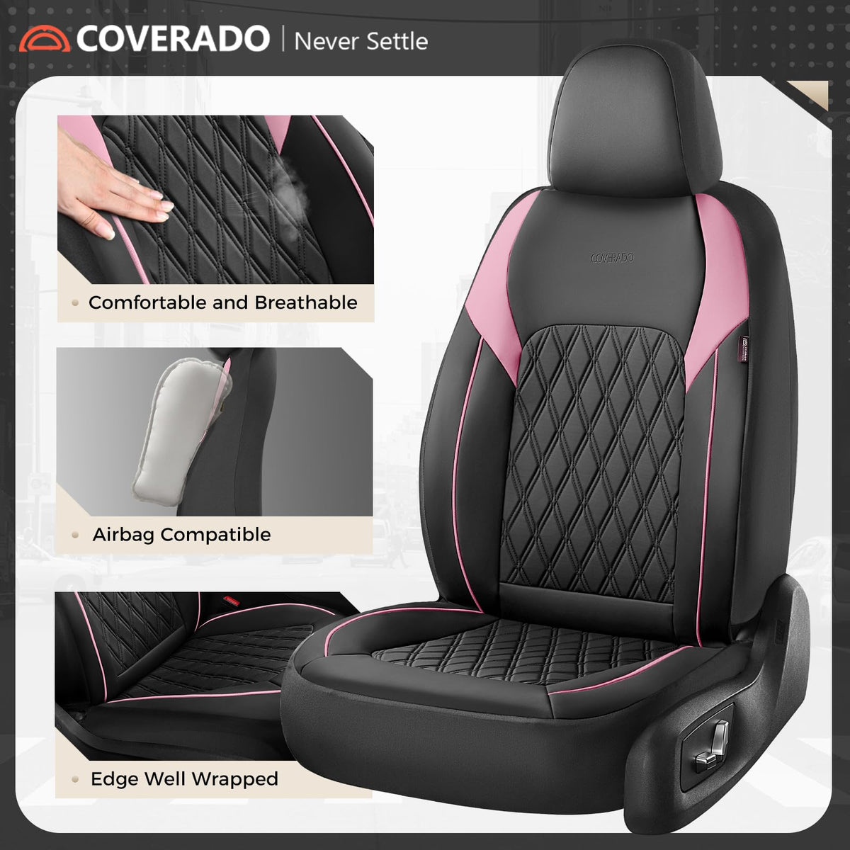 Black Pink Faux Leather Car Seat Covers Full Set E57200