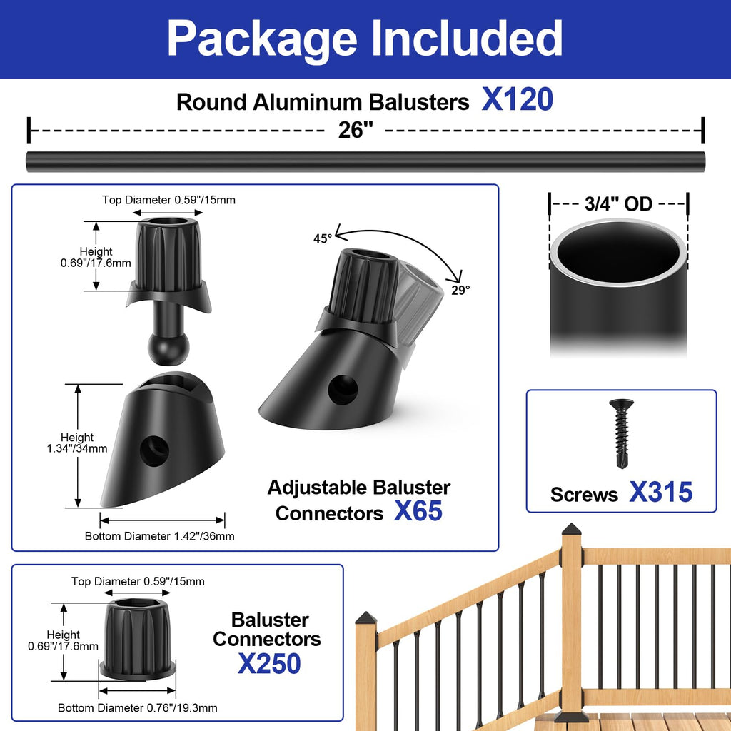 26" Black Aluminum Deck Balusters 120 Pack K184