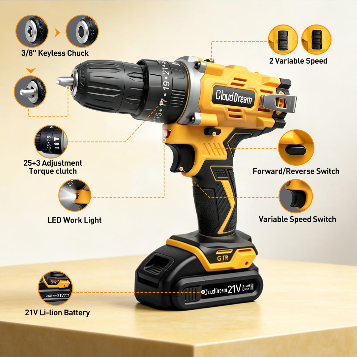 21V Cordless Drill Set with 2 Batteries and Charger J173277