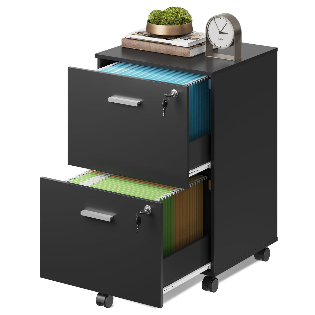 2 Drawer Wood File Cabinet with Lock, Black Y353975
