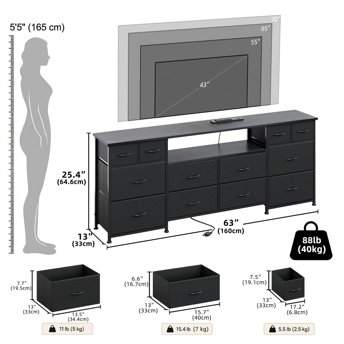 63 Inch 12 Drawer Black Dresser T8890