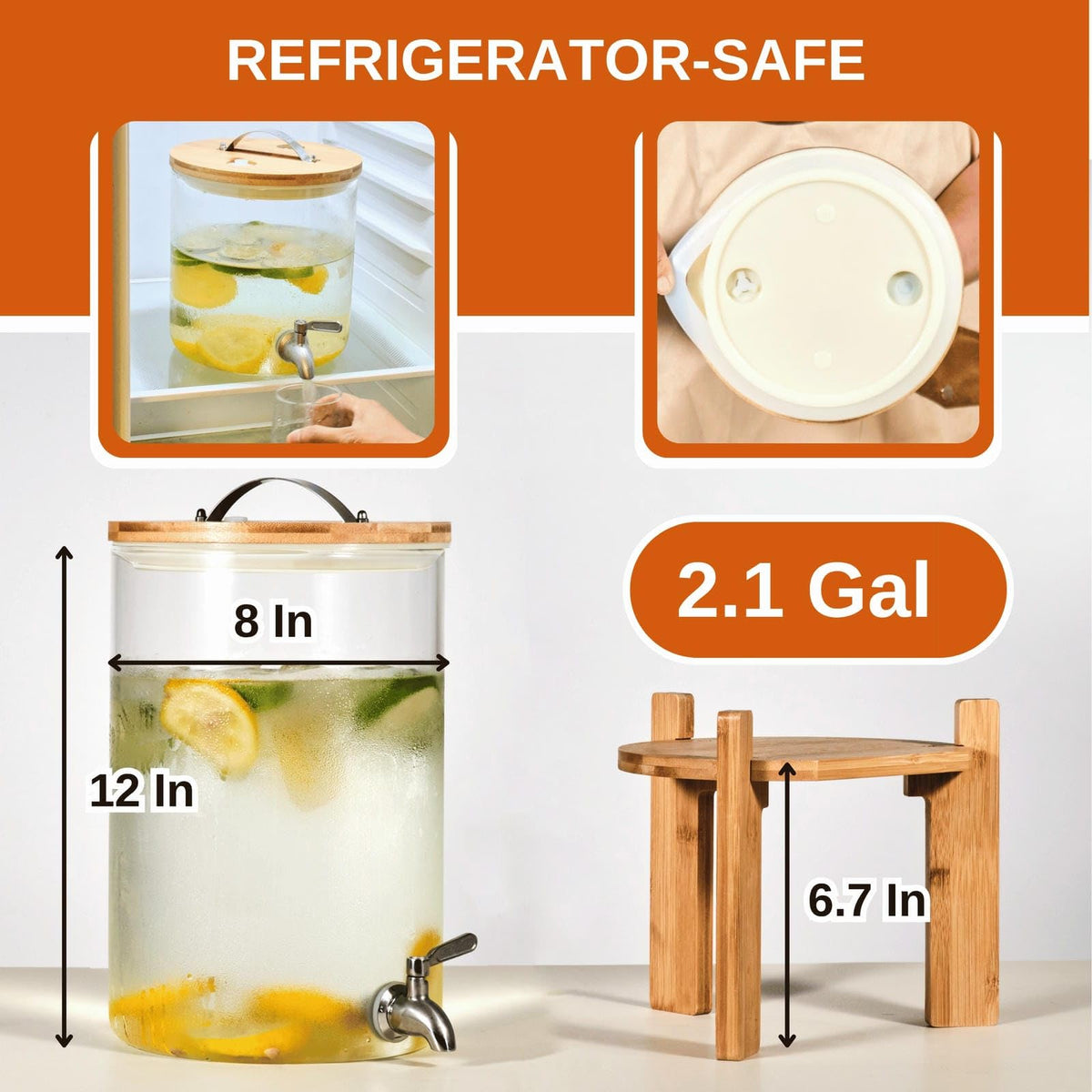 2.1 Gallon Glass Beverage Dispenser with Bamboo Stand and Spigot W1533
