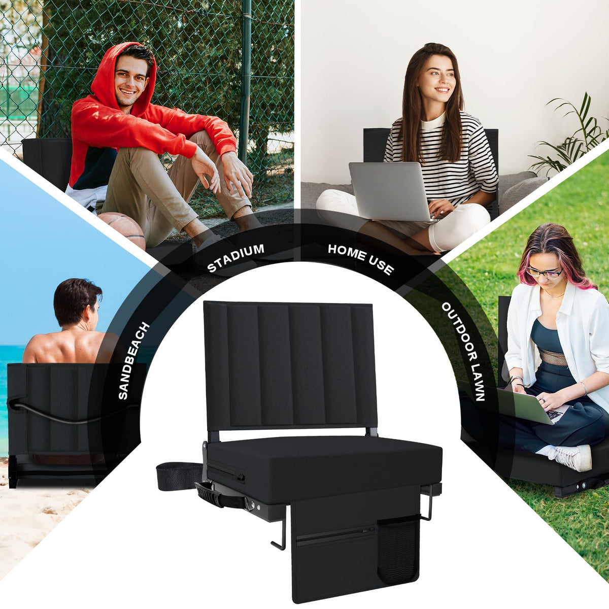 Black Padded Portable Folding Stadium Seat with Back Support and Cup Holder Z82087