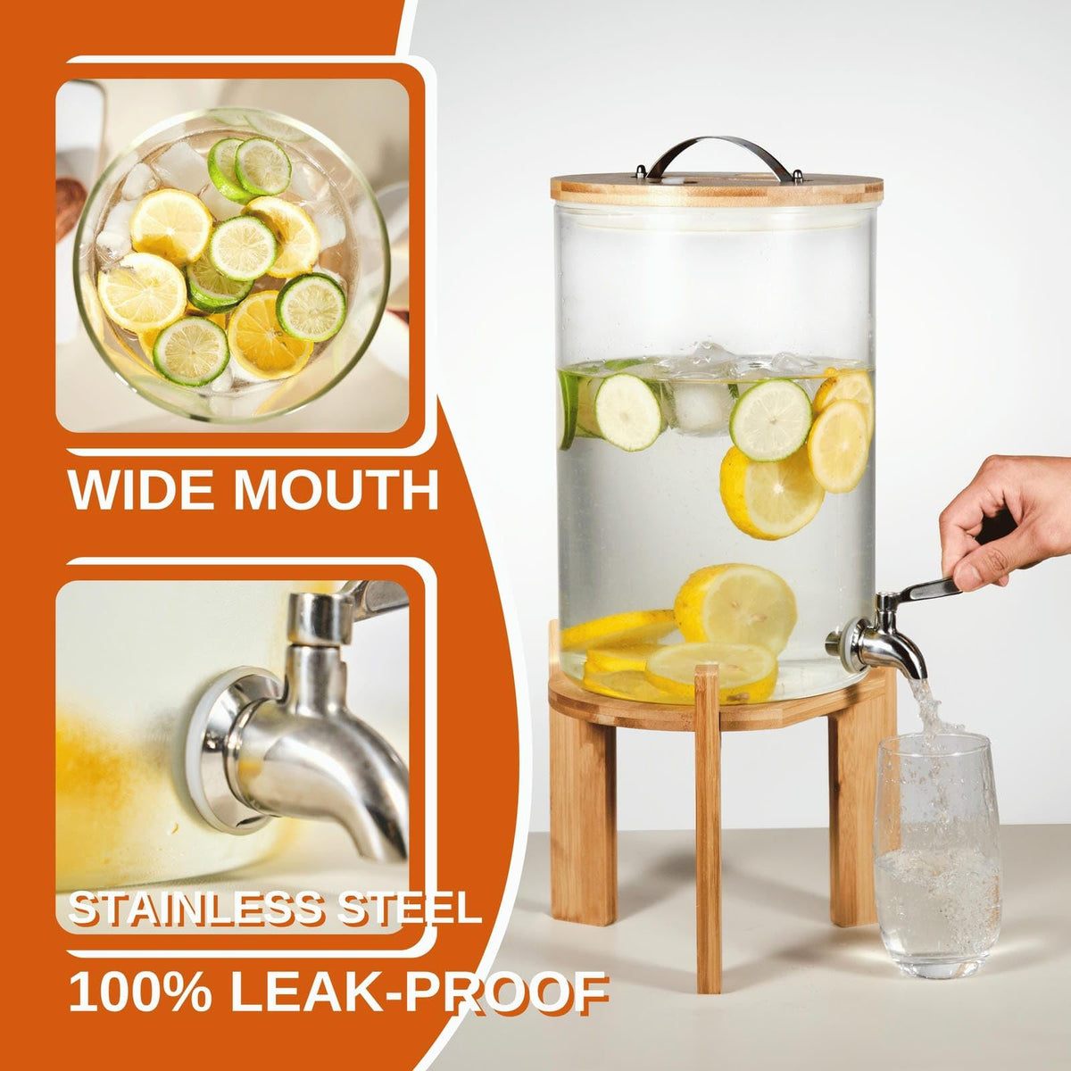 2.1 Gallon Glass Beverage Dispenser with Bamboo Stand and Spigot W1533