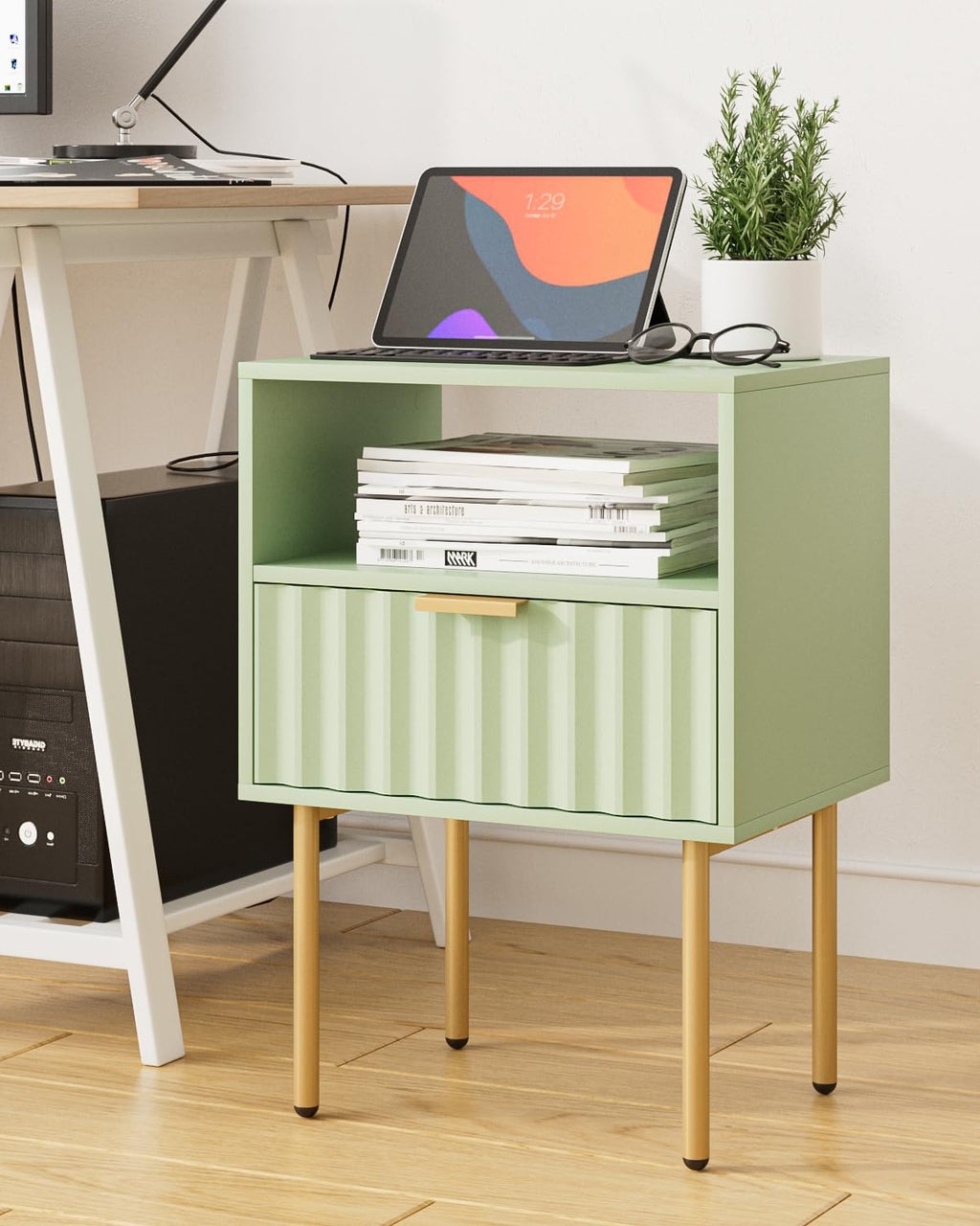 Green Night Stand with Drawer and Shelf Y3786