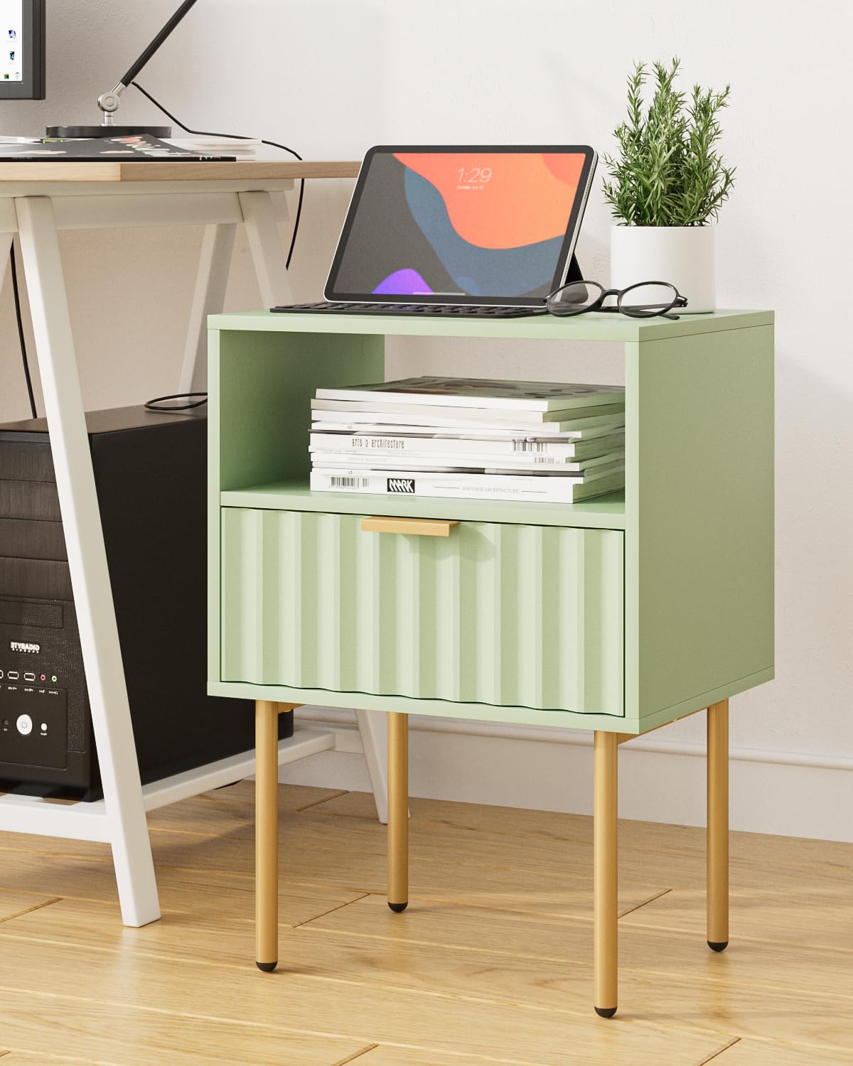 Green Night Stand with Drawer and Shelf Y3786
