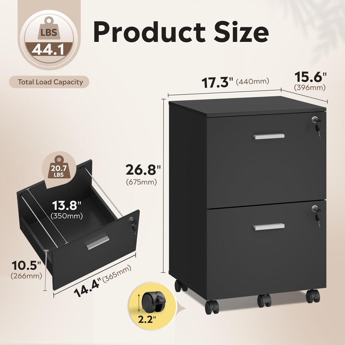 2 Drawer Wood File Cabinet with Lock, Black Y353975