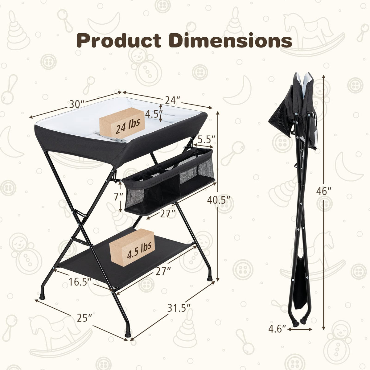 Portable Baby Changing Table with Safety Belt Black L444