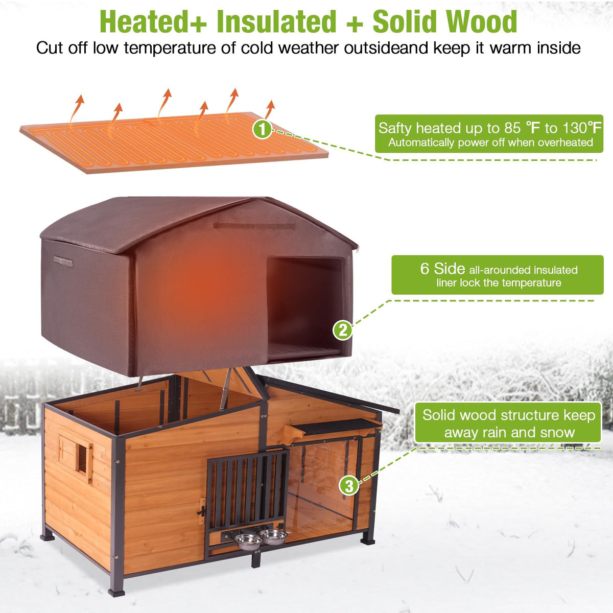 60" Heated Dog House with Heated Pad and Rotating Food Bowl S68552