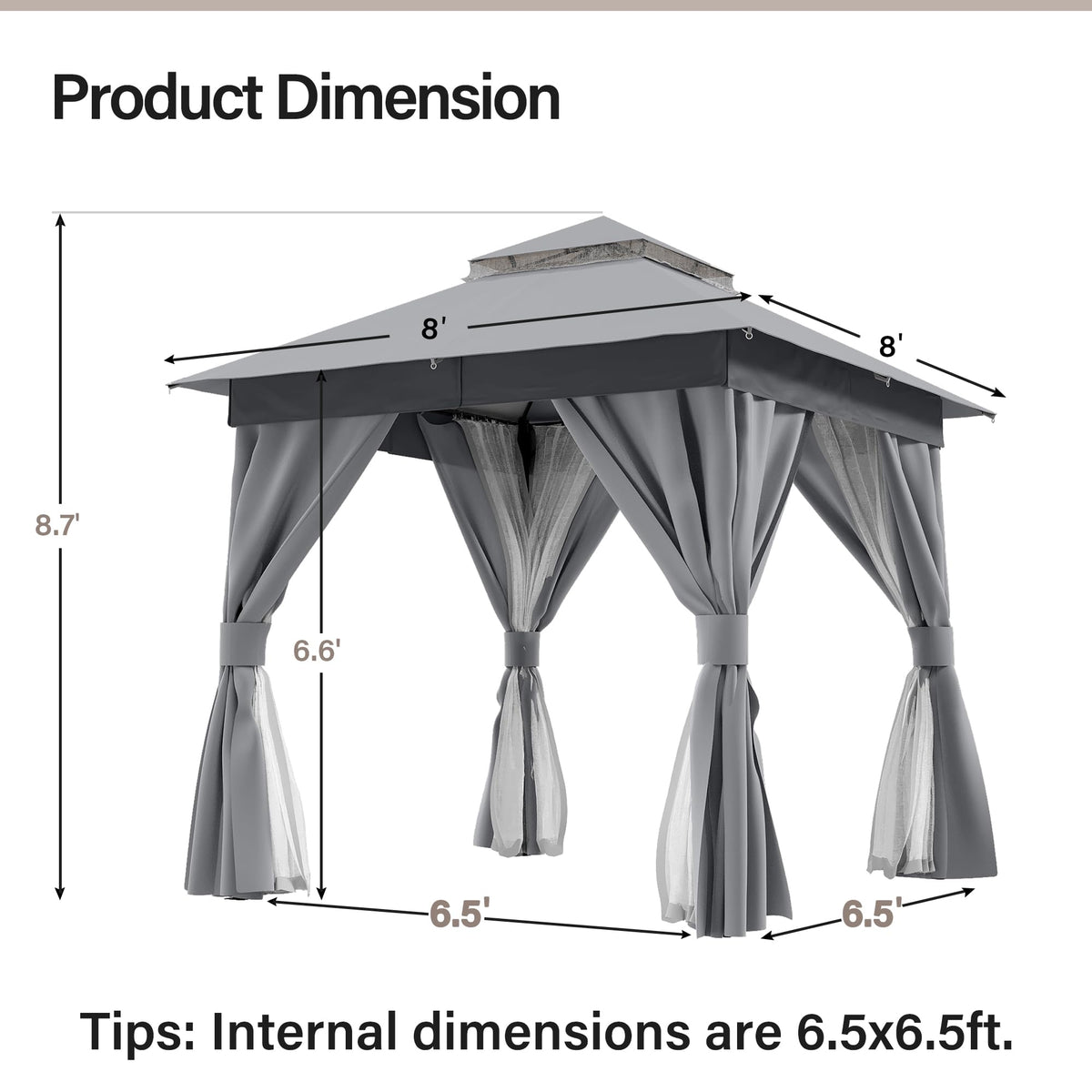 8'x8' Heavy Duty Patio Gazebo with Double Roofs, Mosquito Nettings and Privacy Screens M825052