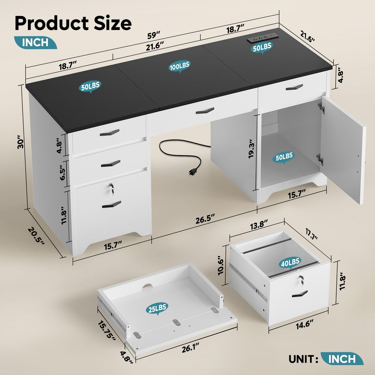 White Office Desk with Lockable Drawers and Charging Station Z882
