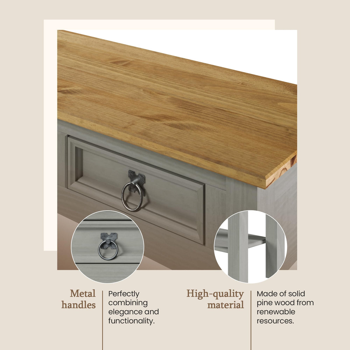 Solid Wood Console Table with 3 Drawers I906
