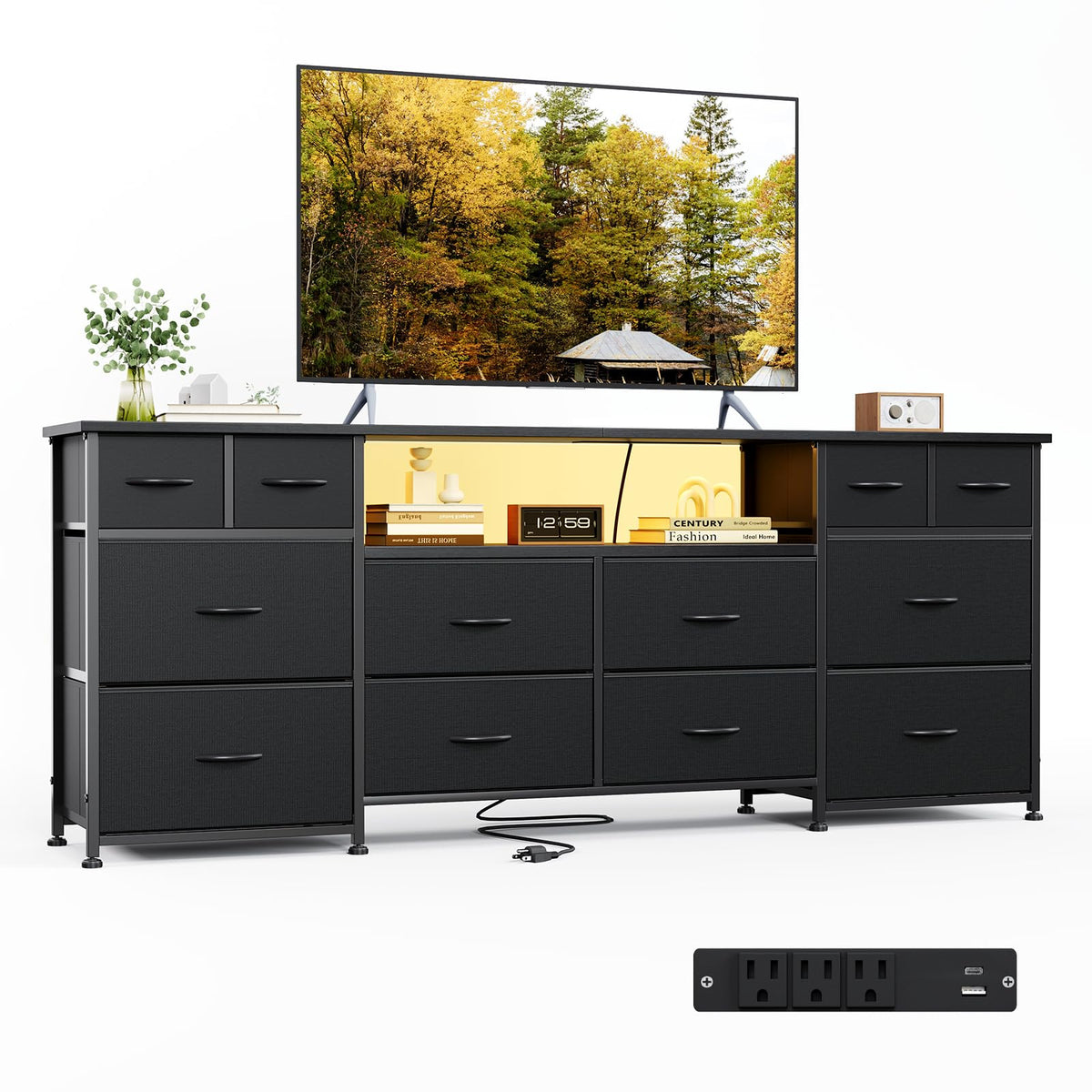 63 Inch 12 Drawer Black Dresser T8890