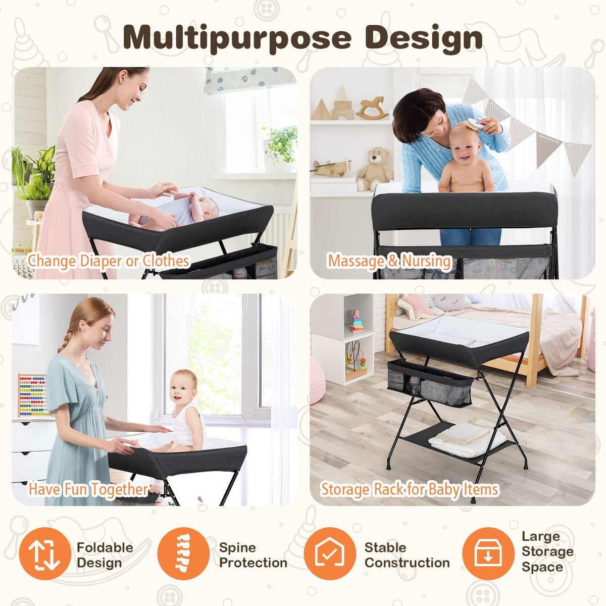 Portable Baby Changing Table with Safety Belt Black L444