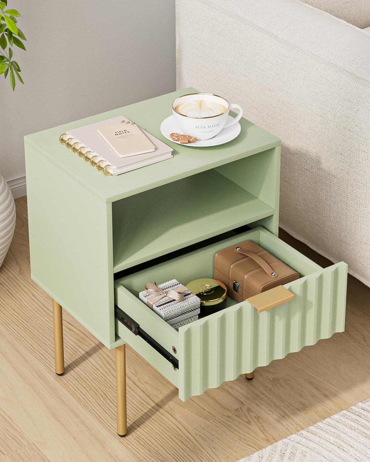 Green Night Stand with Drawer and Shelf Y3786